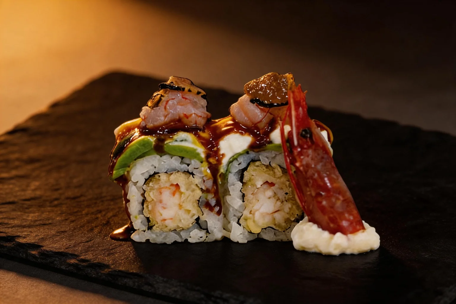 Uramaki with prawn tempura, avocado, burrata, teriyaki sauce and a red prawn on dark slate