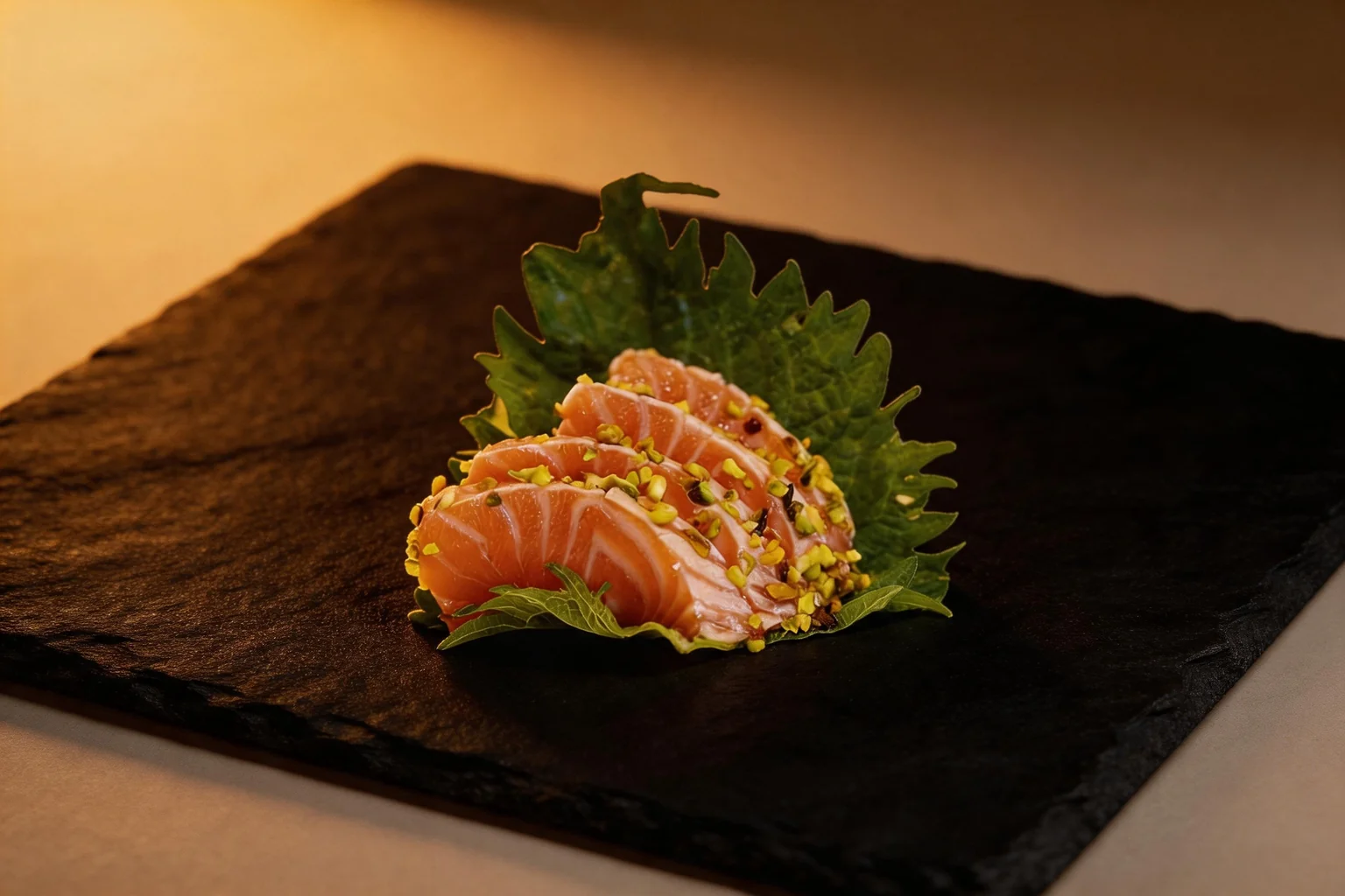 Slices of seared salmon with chopped pistachio on a shiso leaf, on dark slate