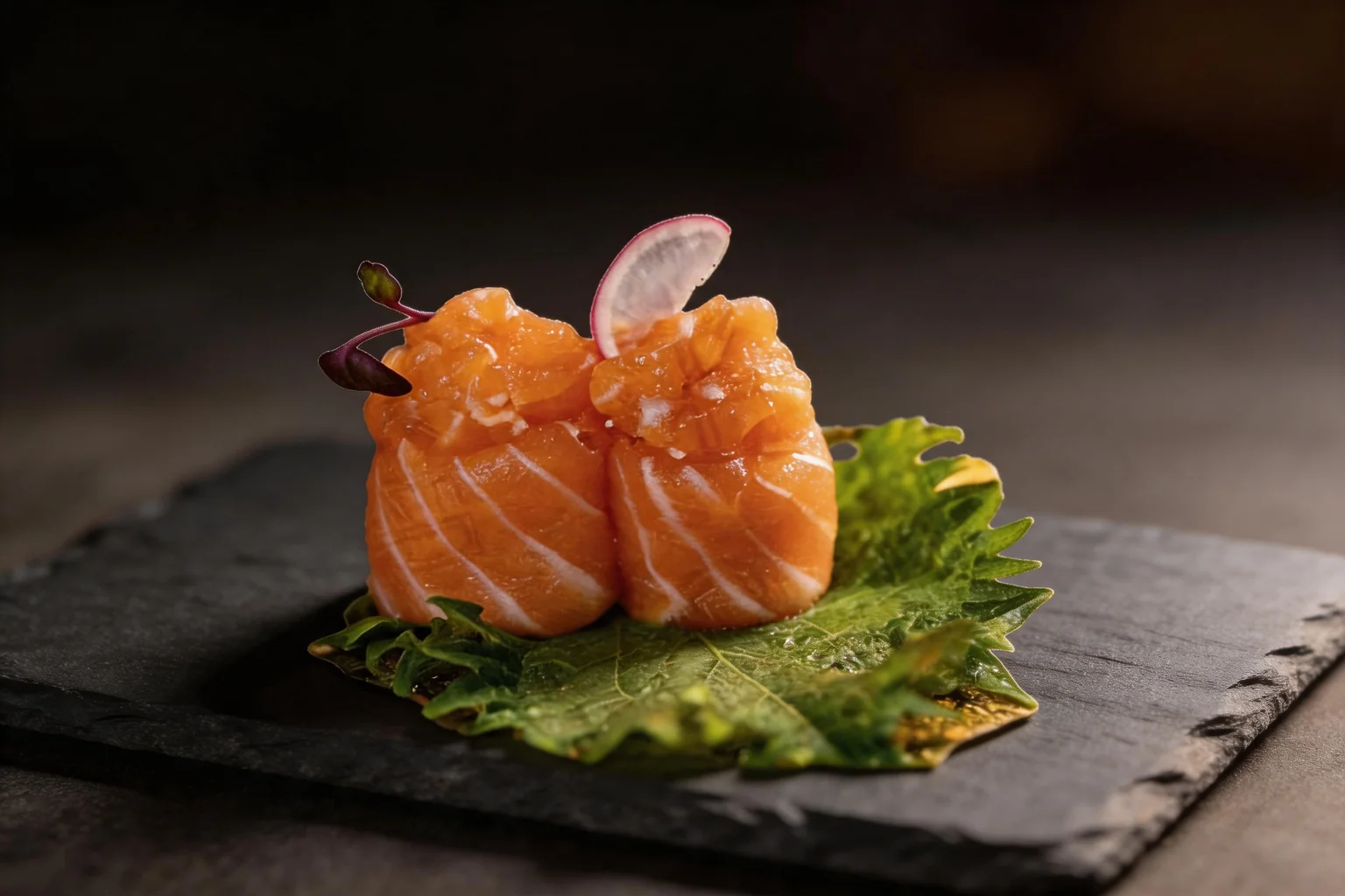 Two salmon gio filled with salmon tartare on a shiso leaf, on dark slate