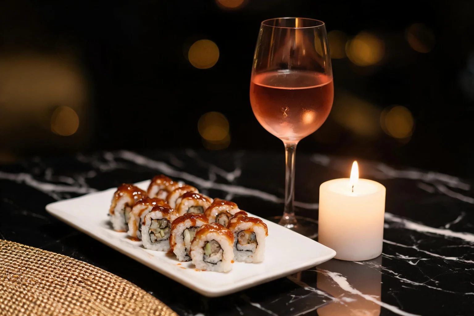Evening table: uramaki with teriyaki sauce on a white plate, a glass of rosé and a candle on black marble