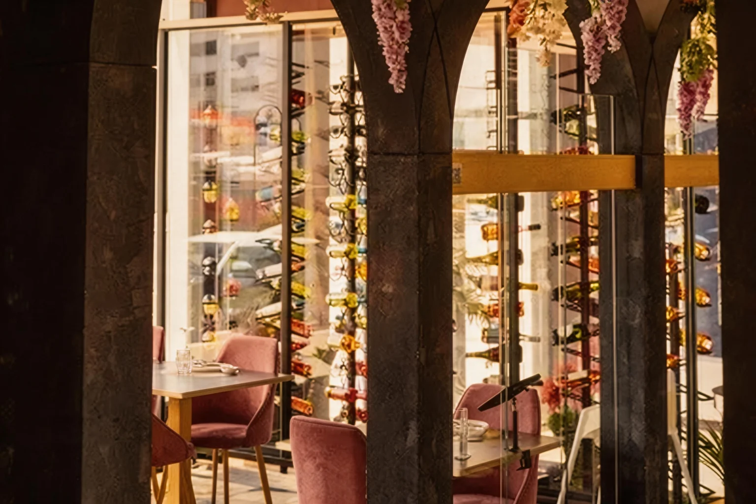 Black arches with hanging flowers, pink velvet chairs and the wine wall behind glass.