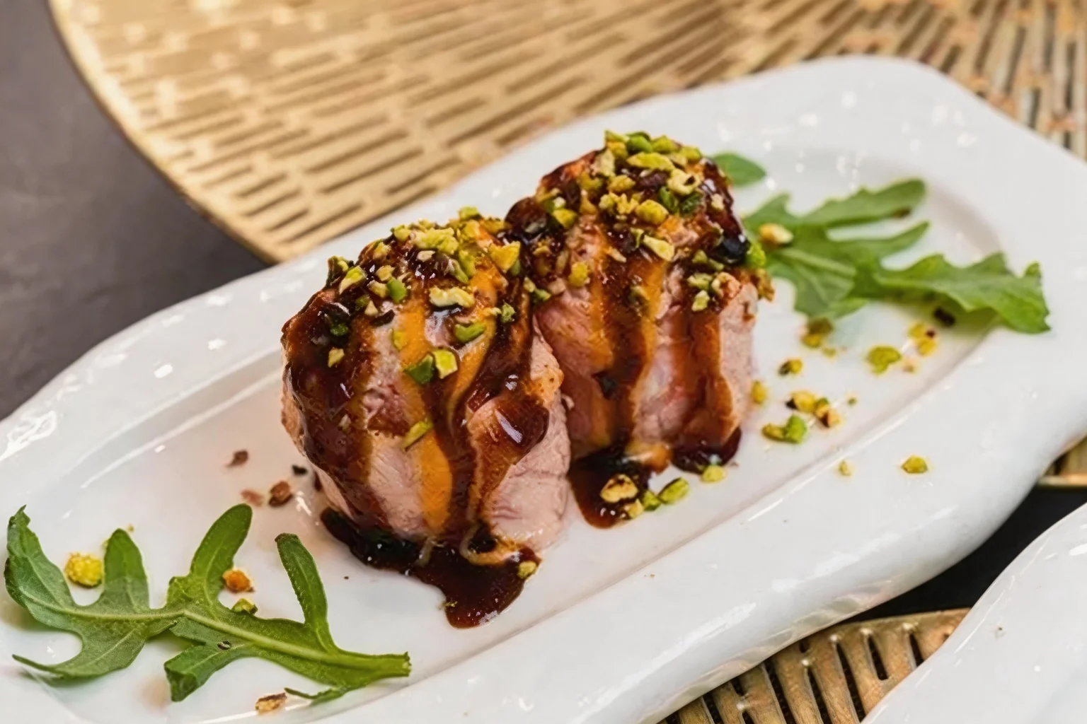 Seared salmon with teriyaki sauce and chopped pistachio, with rocket, on a white plate.