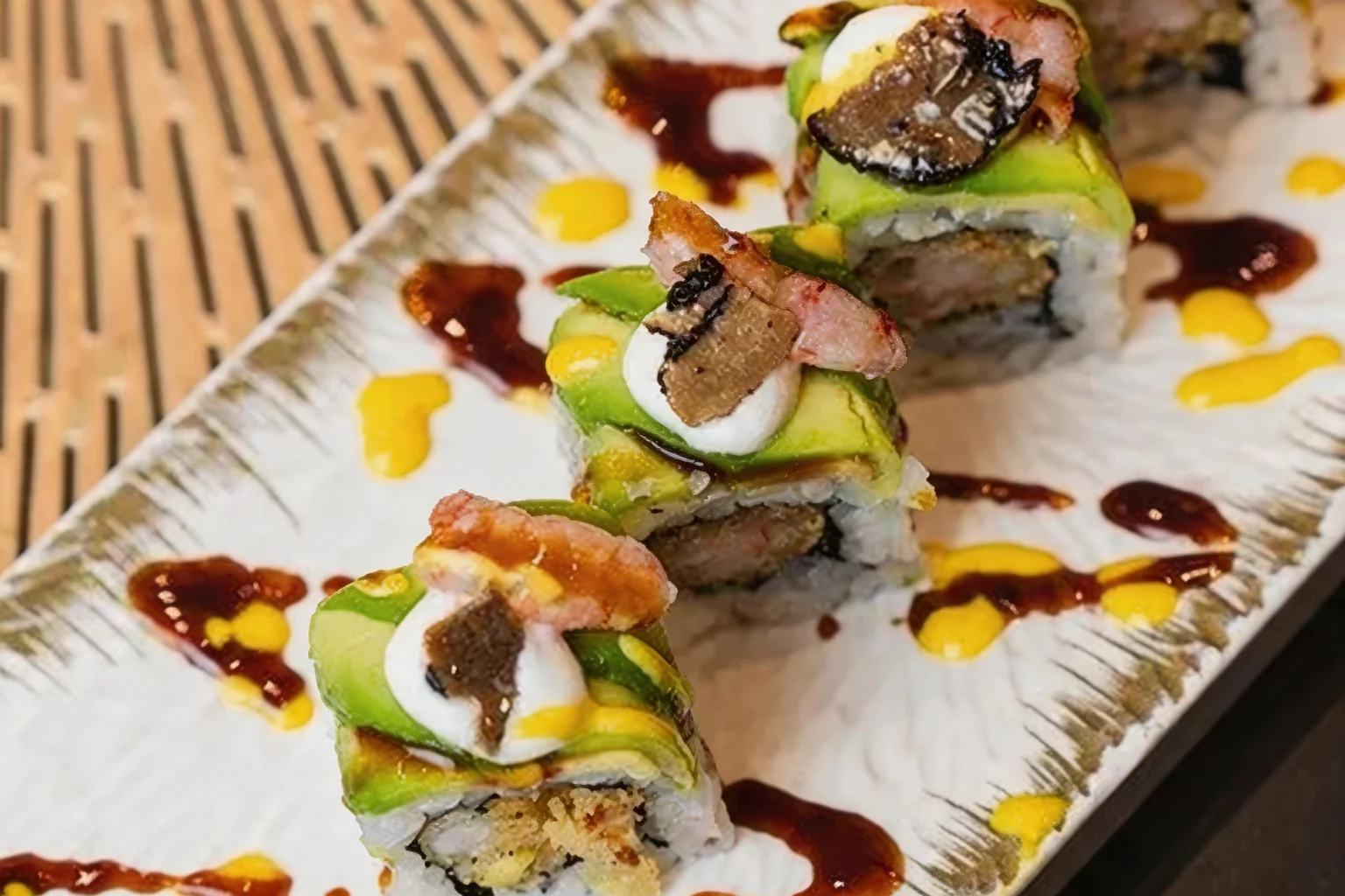 Uramaki topped with avocado, truffle and prawn, with dots of yellow sauce and teriyaki, on a white plate.